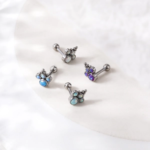 Set of four stainless steel opal stud earrings for cartilage piercing in silver finish