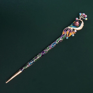 Exquisite peacock metal hair pin with colorful enamel and sparkling rhinestones