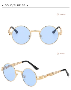 Detailed views of gold round steampunk sunglasses with blue lenses and hollow metal frames