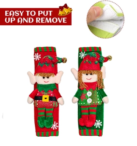 Detail of red and green Christmas elf handle covers with easy velcro closure mechanism