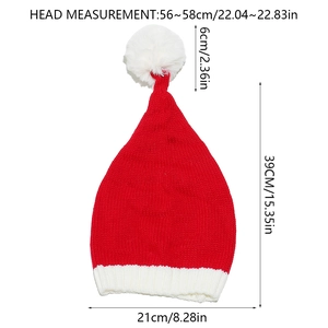 Detailed size chart of red and white Christmas knit hat with pom-pom measurements