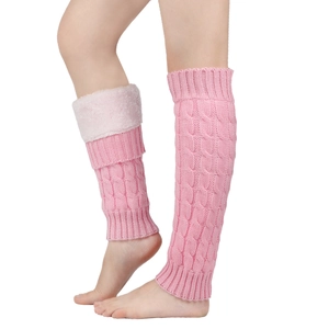 Detail of pink cable knit leg warmers showing the thick fleece lining and warm texture