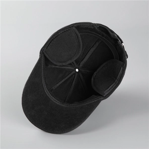 Detail view of winter baseball cap with foldable earflaps for men's cold protection
