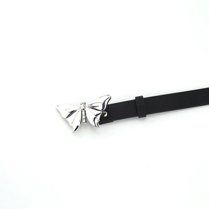Y2K vintage black slim belt with silver metal butterfly buckle for women's streetwear