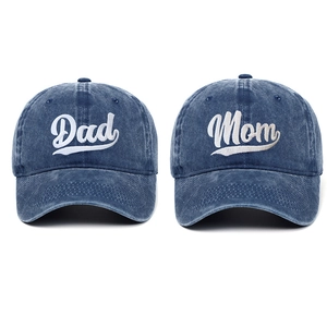 Detailed embroidery of Dad and Mom letters on vintage washed navy cotton baseball caps