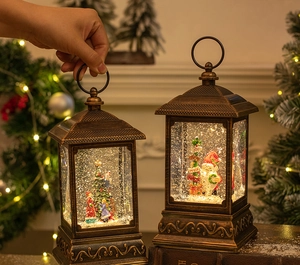 Detail of vintage Christmas snow globe lantern with hanging ring and warm LED lighting