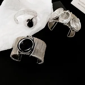 Statement Wide Cuff Bangle Bracelet For Women Modern Metal Textured Wire Wrapped Open Front Elegant Jewelry Accessory