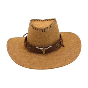 Western straw cowboy hat in ginger yellow with bull head buckle and wide brim style
