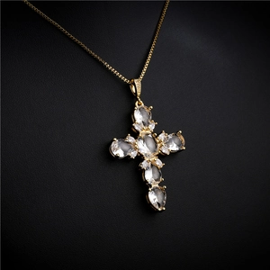 Hip hop punk style cross pendant necklace with micro-pave cubic zirconia in gold plating