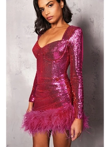 Detail of sequin texture and ostrich feather trim on a magenta party mini dress