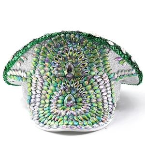 Punk silver captain hat with green sequins and rhinestones for festival performances