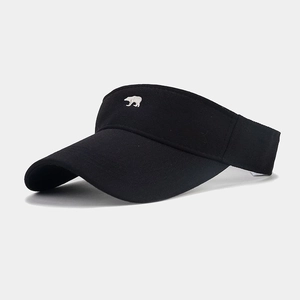 Detail of black visor cap featuring white bear embroidery and breathable fabric texture