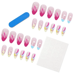 French medium almond press-on nails set with pink flame and star daisy patterns