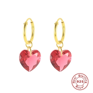 925 sterling silver gold hoop earrings with heart-shaped red crystal drops