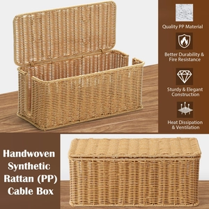 Handwoven rattan style cable management box with lid for desk cord organization
