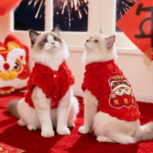 Chinese New Year Pet Vest Lion Dance Cat Clothes Winter Warm Fleece Dog Apparel Harness D-Ring Festive Embroidery
