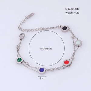 Detail of adjustable double-layer steel bracelet with five colorful circular charms