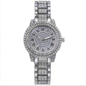 Luxury silver-toned women's quartz watch with full crystal pavé dial and Roman numerals