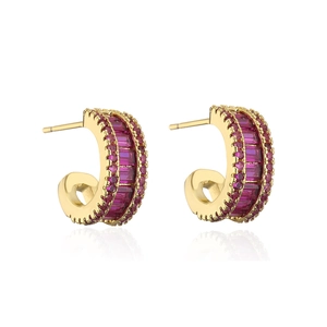 Close-up of 18K gold-plated C-shaped earrings with rectangular and round pink zircons