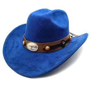Blue faux suede western cowboy hat with studded leather band and bull head emblem