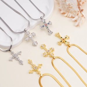 Cross Pendant Necklace Copper Zircon Faux Artificial Pearl Snake Chain Vintage Carved Elegant Jewelry For Women Gold Silver Tone