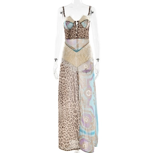 Sexy leopard and baroque print jumpsuit with lace corset bodice and wide leg fit