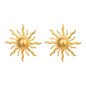 Detailed close-up of sun-shaped 18K gold plated stainless steel stud earrings