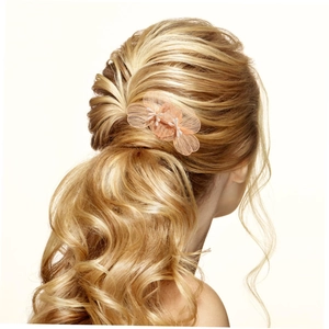 Eleganter Haarkamm mit roségoldenen Netzblumen und weißen Perlen für die Braut