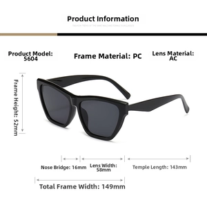 Detailed size chart for black cat eye sunglasses model 5604 showing PC and AC dimensions