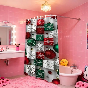 Christmas shower curtain with red and green gift box prints for holiday bathroom decor