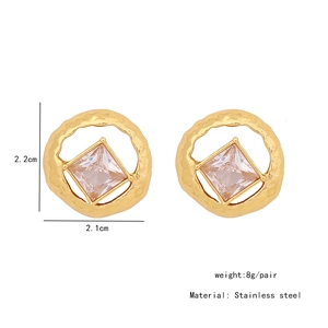 Detail view of gold stainless steel earrings with square diamond and dimensions info