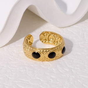 Retro 18K gold plated stainless steel open ring featuring black enamel and ripple texture