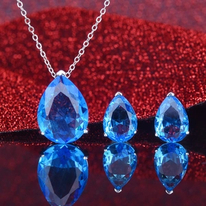 Pear Cut Colored Gemstone Pendant Necklace Stud Earrings Jewelry Set Copper Base Silver Plated Elegant Fashion For Women