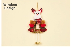 Detail of Christmas elk plush ornament with red plaid pattern and Merry Christmas sign