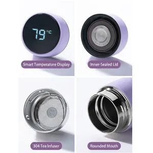 Purple 304 stainless steel smart vacuum flask with LED temperature display and tea infuser