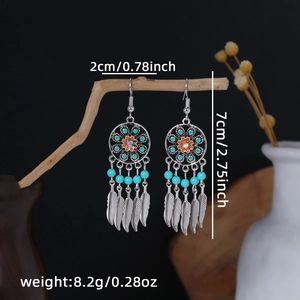 Detailed view of Bohemian dreamcatcher earrings showing size 7cm length and 2cm width