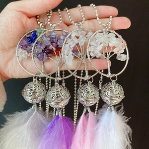 Detailed close-up of tree of life dreamcatcher charms with colorful crystal stones