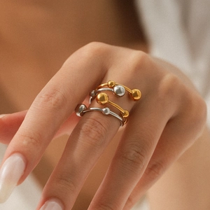 Minimalist Spiral Layer Ring Stainless Steel Gold Silver Color Blocked Metal Ball Bead Open Adjustable Jewelry For Women