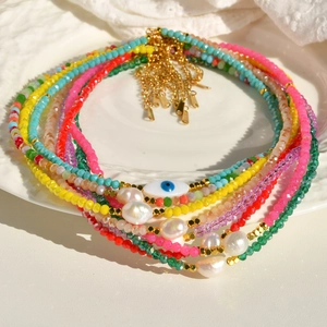 Handmade Colorful Crystal Beaded Necklace Natural Freshwater Pearl Shell Evil Eye Pendant 316 Stainless Steel Jewelry Women