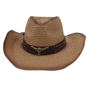 Western Cowboy Straw Hat With Bull Head Metal Decor Rivet Leather Band Wide Brim Sun Protection Breathable Beach Hat