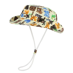 Kids beige sun bucket hat with colorful cartoon animal prints and adjustable chin strap
