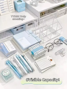 Macro top view of transparent acrylic multi-slot desk organizer for office stationery