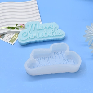 Blue Merry Christmas lettering silicone mold for DIY candle making and plaster crafts