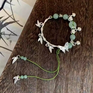 Bamboo butterfly silver bracelet with green jade beads in vintage Chinese style