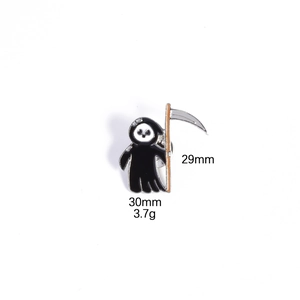 Cartoon Grim Reaper enamel pin with scythe, 30mm x 29mm size and 3.7g weight detail
