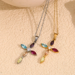 Stainless Steel Cross Pendant Necklace 18K Gold Plated Colorful Zircon Dainty Trendy Jewelry For Women