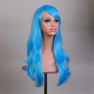 Detailed view of 70cm long wavy blue synthetic fiber cosplay wig on a realistic model