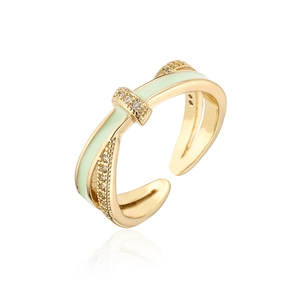 Detailed view of criss-cross 18K gold-plated ring with mint enamel and zircon accents