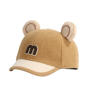 Winter children baseball cap with cute bear ears and M letter in khaki fleece