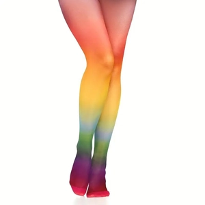 Rainbow gradient tights for women showing a full vertical spectrum of silk stockings